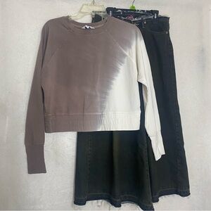 BUNDLE Brown and Cream Ombre Women's Sweater & Wide Leg Denim Pants Skirt